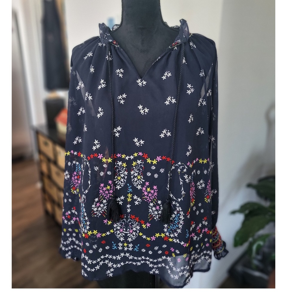 Cabi 5784 Gardenia Blouse Navy Blue Floral Sheer Smocked Tassel Boho Top Medium